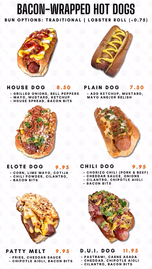Variants of Bacon Wrapped Hot-dog Menu - Dirt Dog LA Downey