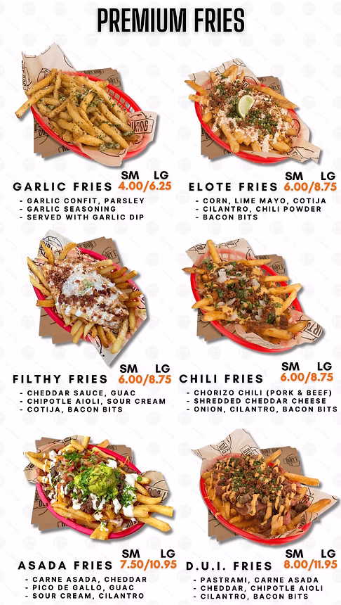 Selection of Loaded And Seasoned Fries Menu - Dirt Dog LA Downey