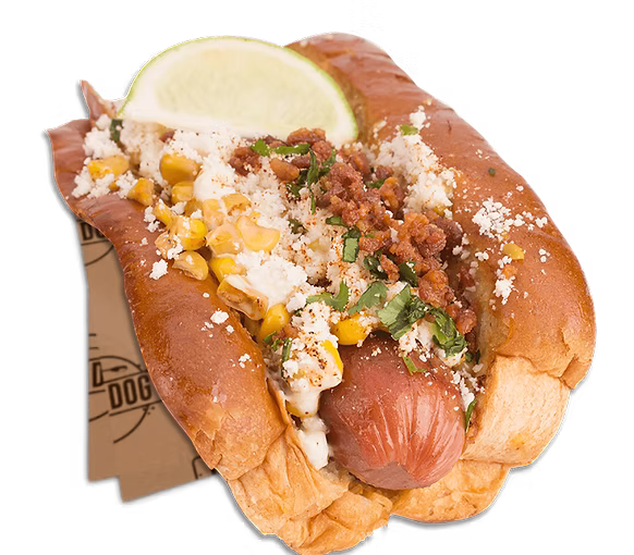 Elote Dog - Wrapped in Center-Cut Bacon Served at Dirt Dog LA