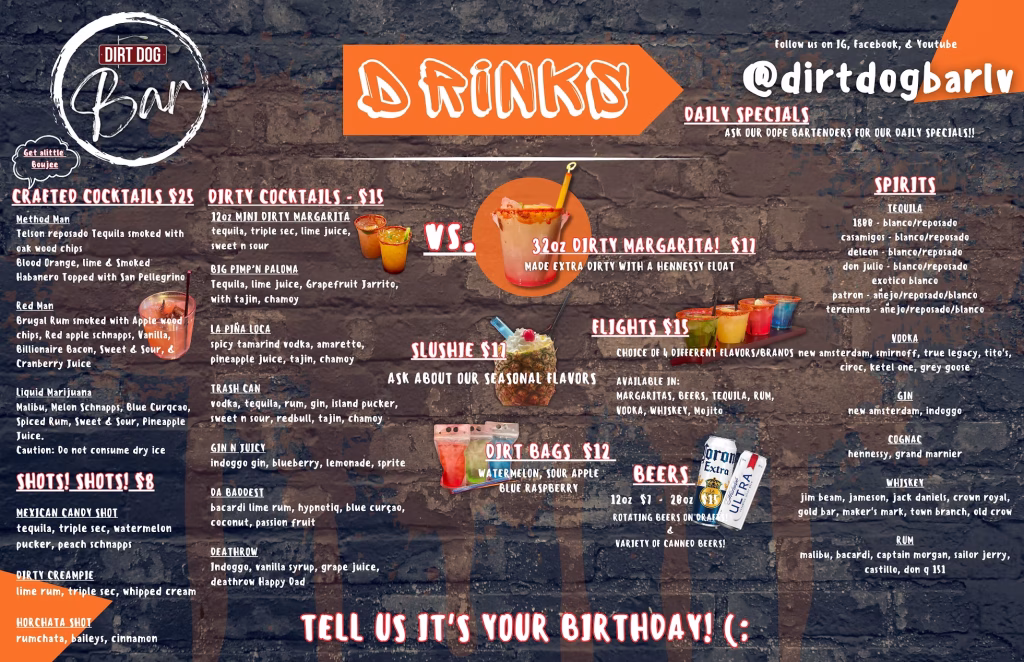 DIRT DOG Drinks Menu - Las Vegas Strip Bar