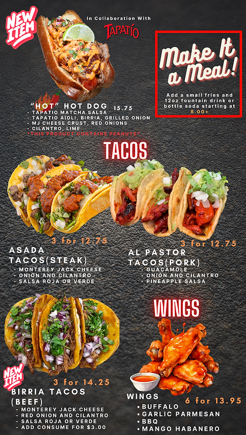 Street-Style Pork Al Pastor Tacos & Wings Menu- Dirt Dog the Grand Bazaar Shops