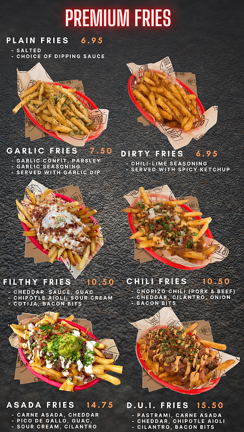 Premium Fries Menu Showing Variety of Toppings - Dirt Dog the Grand Bazaar Shops